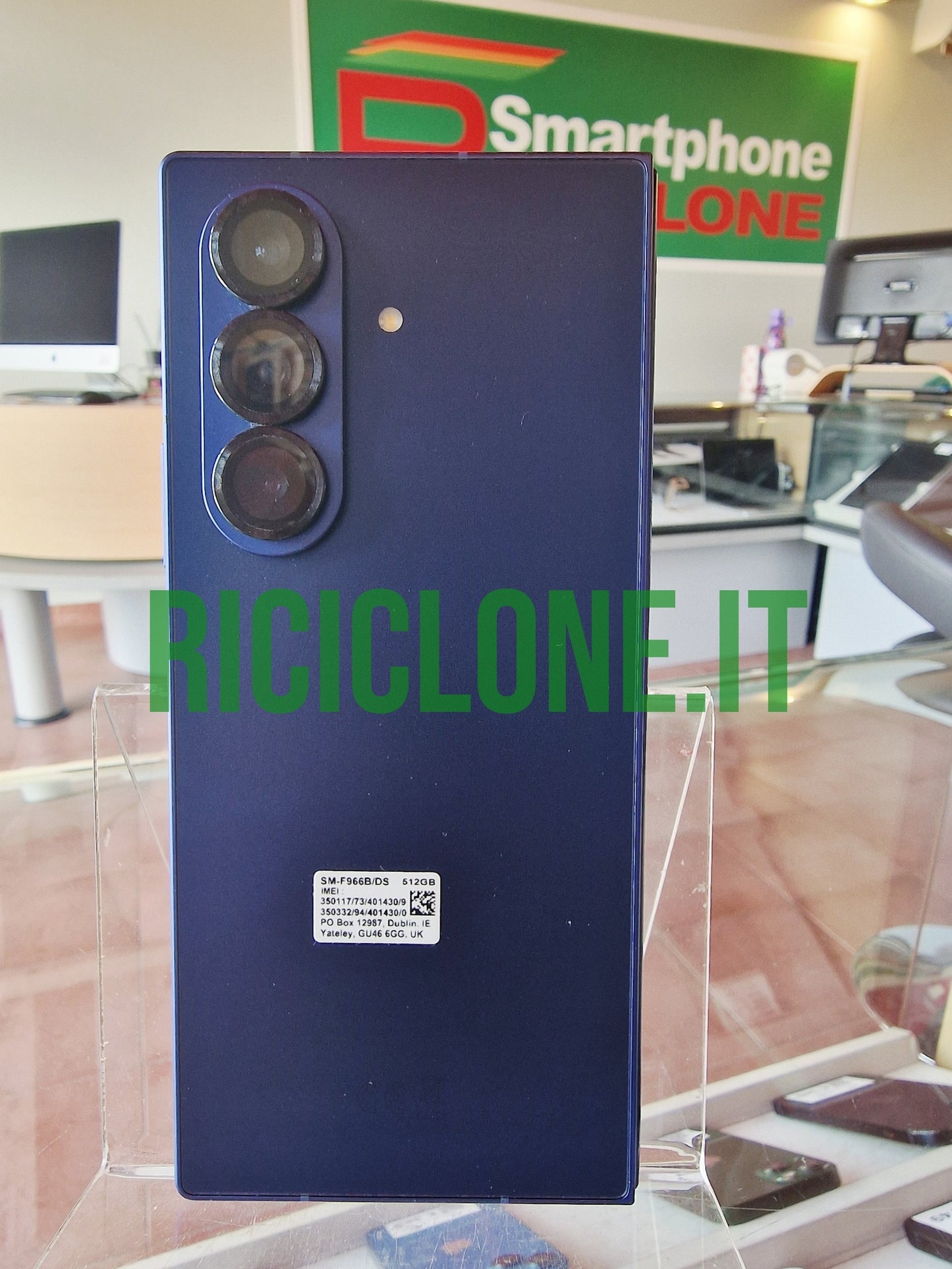 Samsung Galaxy Z Fold 7 blue rear view with triple camera module and technical label