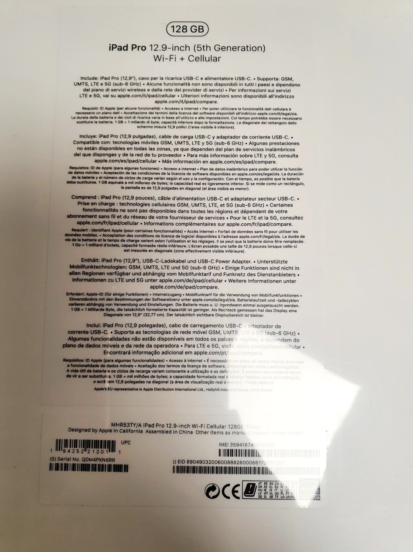 Apple iPad Pro 5a g. 2021 - 12,9" - 128gb - wi-fi+cellular - argento